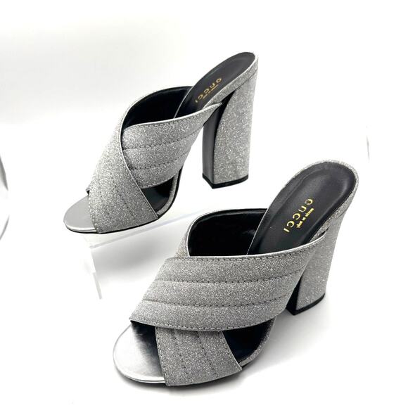 GUCCI Glitter Fabric Webby Crossover High Heel Slide Sandals in Argento 38.5 - Picture 7 of 14